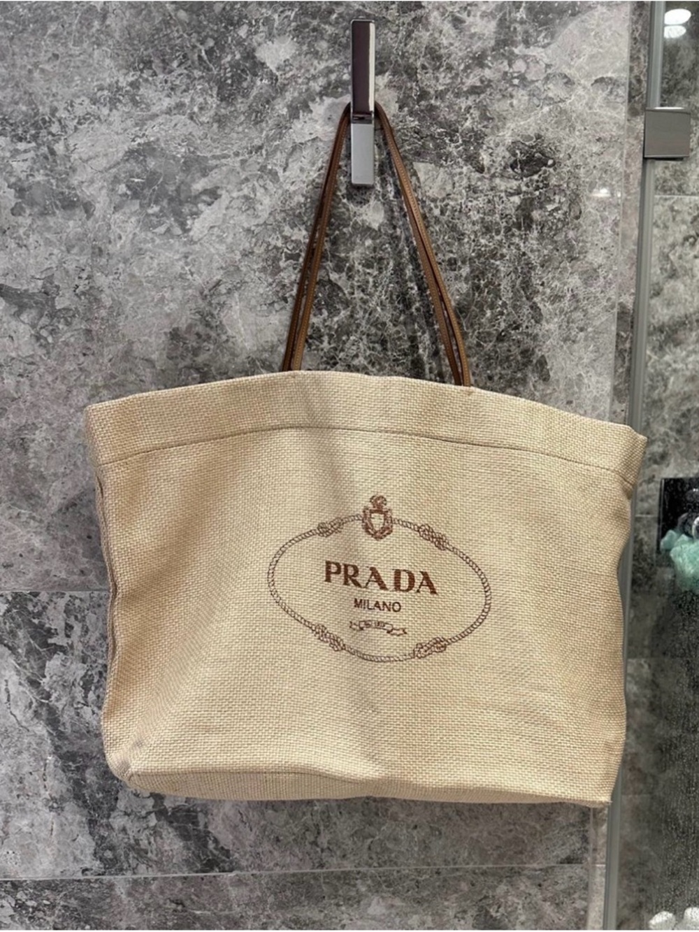 Prada Beige Canvas Tote with Brown Leather Handles